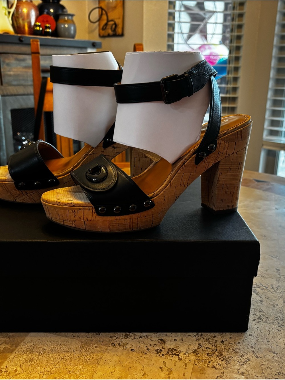 Coach Cork Platform Heels Sandals Black Leather Women’s Size 11 - Picture 2 of 7